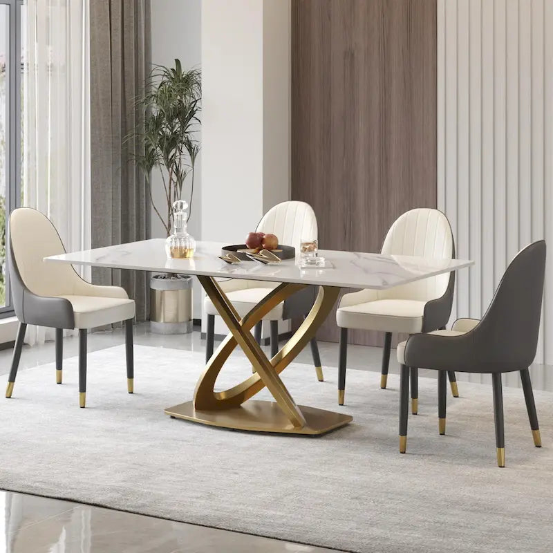 Mesa de comedor de piedra sinterizada blanca/negra con base de pedestal dorada, capacidad para 4 a 6 personas