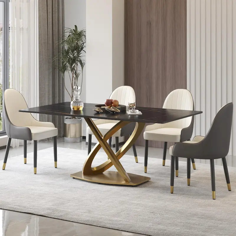 Mesa de comedor de piedra sinterizada blanca/negra con base de pedestal dorada, capacidad para 4 a 6 personas