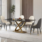 Mesa de comedor de piedra sinterizada blanca/negra con base de pedestal dorada, capacidad para 4 a 6 personas