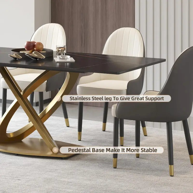 Mesa de comedor de piedra sinterizada blanca/negra con base de pedestal dorada, capacidad para 4 a 6 personas