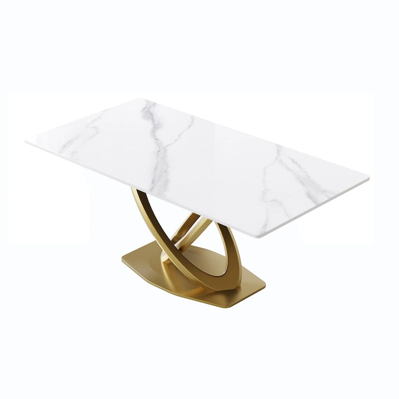 Mesa de comedor de piedra sinterizada blanca/negra con base de pedestal dorada, capacidad para 4 a 6 personas