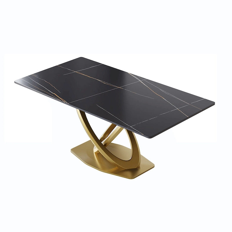 Mesa de comedor de piedra sinterizada blanca/negra con base de pedestal dorada, capacidad para 4 a 6 personas