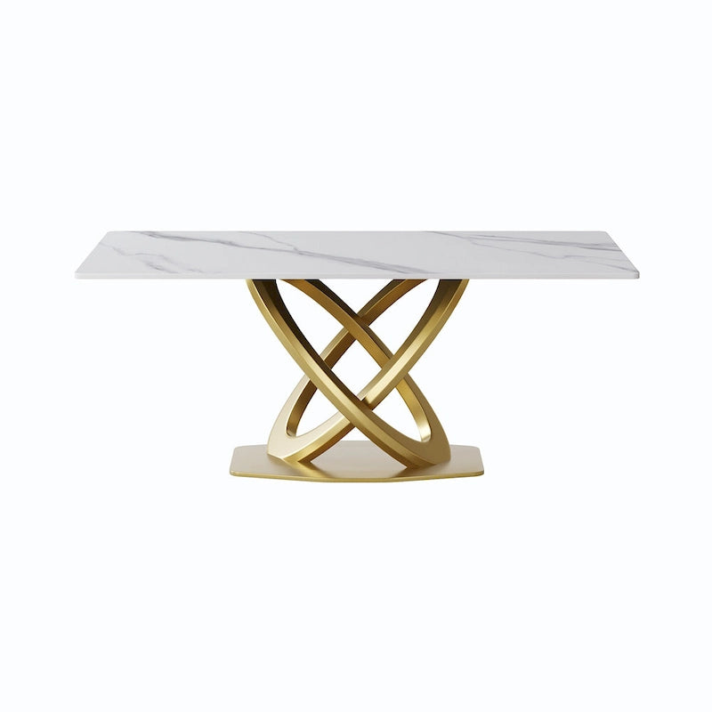 Mesa de comedor de piedra sinterizada blanca/negra con base de pedestal dorada, capacidad para 4 a 6 personas