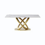 Mesa de comedor de piedra sinterizada blanca/negra con base de pedestal dorada, capacidad para 4 a 6 personas