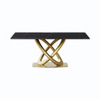 Mesa de comedor de piedra sinterizada blanca/negra con base de pedestal dorada, capacidad para 4 a 6 personas