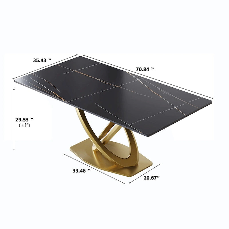 Mesa de comedor de piedra sinterizada blanca/negra con base de pedestal dorada, capacidad para 4 a 6 personas