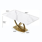 Mesa de comedor de piedra sinterizada blanca/negra con base de pedestal dorada, capacidad para 4 a 6 personas