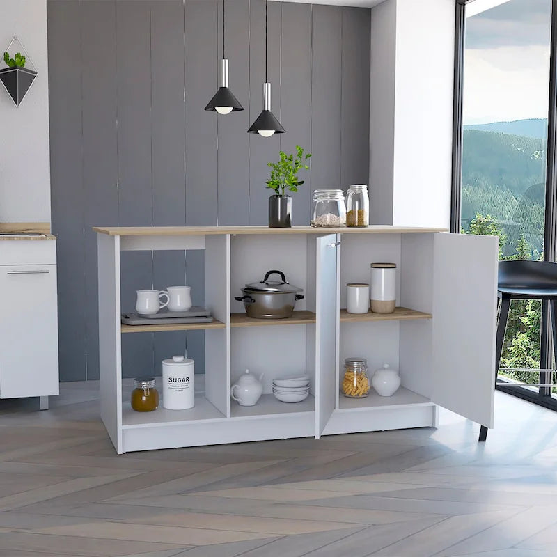 Isla de cocina multicolor con estantes abiertos y gabinete, para 2 personas