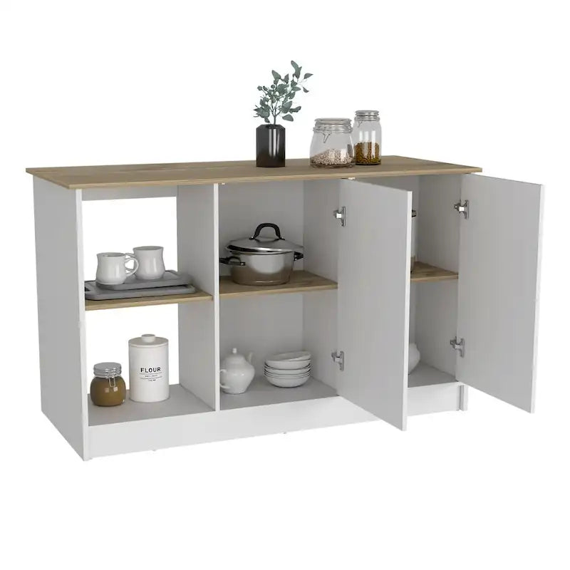 Isla de cocina multicolor con estantes abiertos y gabinete, para 2 personas