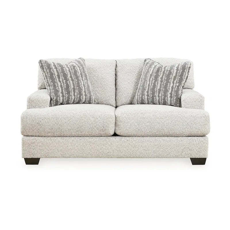 Sofá biplaza de poliéster gris claro con almohadas decorativas