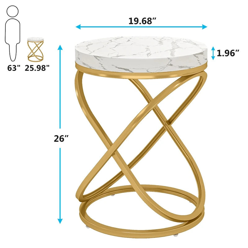Juego de 2 mesas auxiliares redondas, blanco+dorado / marrón+negro, estructura metálica