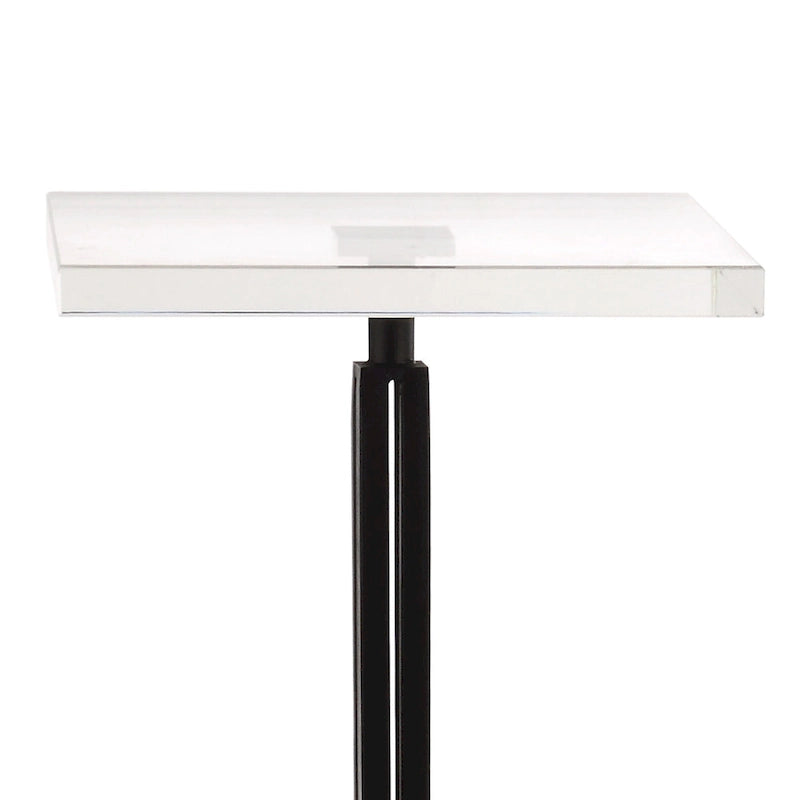 Mesa auxiliar cuadrada de cristal transparente con base de mármol y metal negro