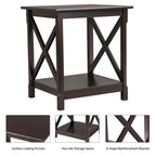 Mesa auxiliar de 2 niveles con diseño en X y café oscuro, uso individual
