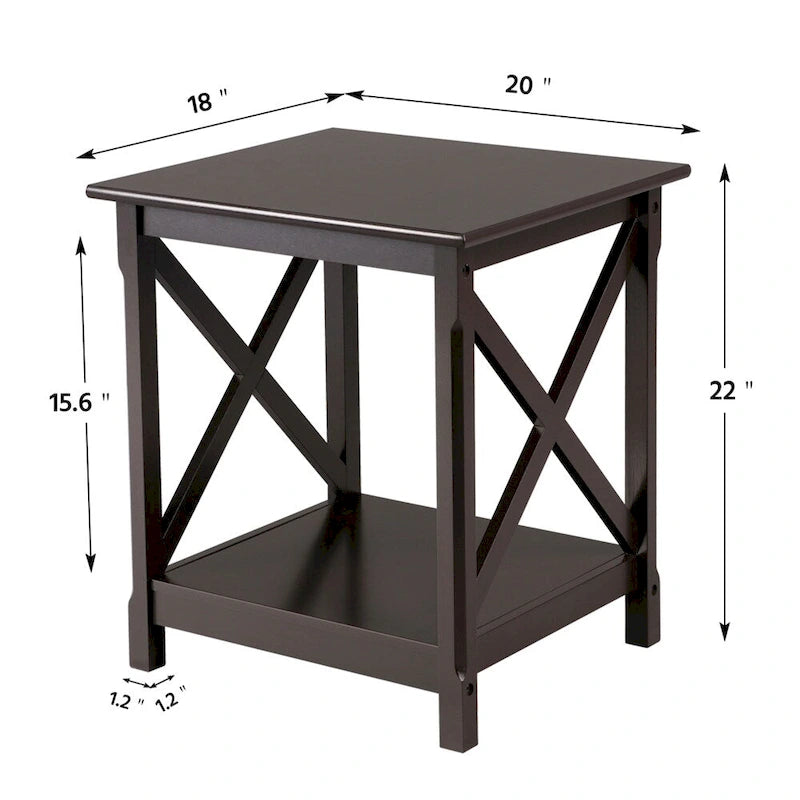 Mesa auxiliar de 2 niveles con diseño en X y café oscuro, uso individual