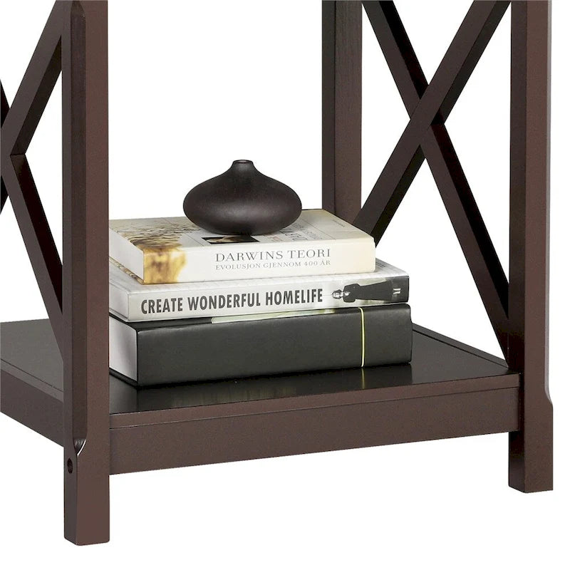 Mesa auxiliar de 2 niveles con diseño en X y café oscuro, uso individual