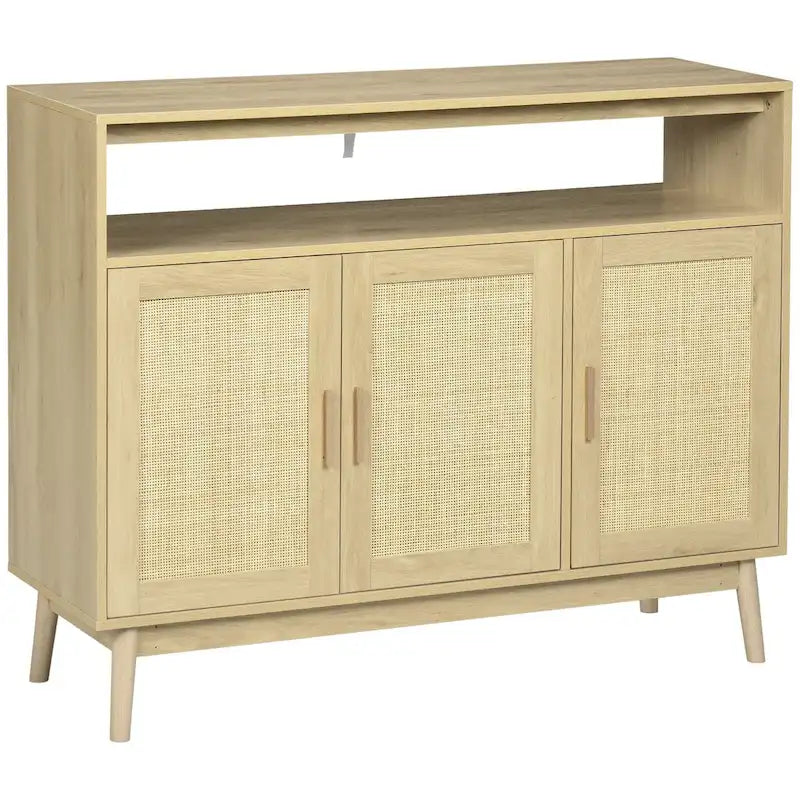 Aparador de madera natural estilo boho con puertas de ratán, 1 unidad