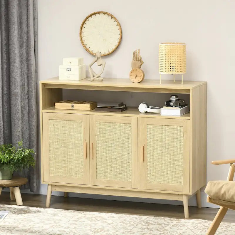 Aparador de madera natural estilo boho con puertas de ratán, 1 unidad