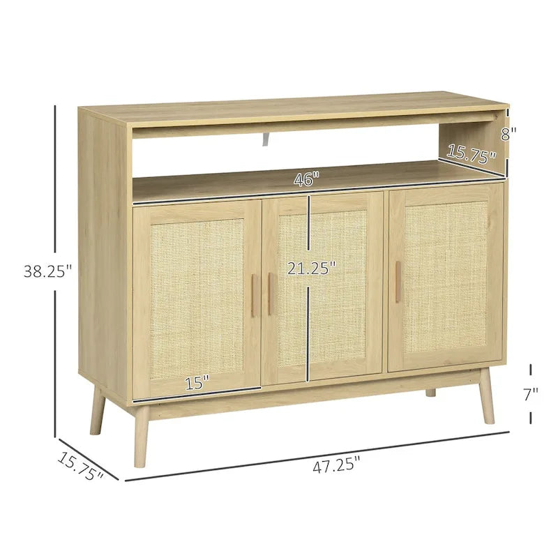 Aparador de madera natural estilo boho con puertas de ratán, 1 unidad