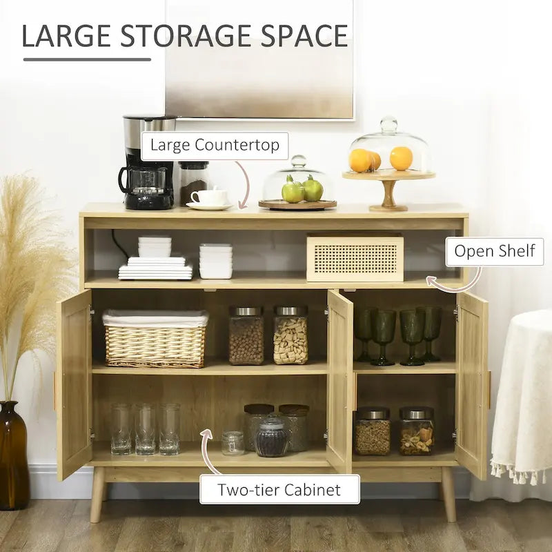 Aparador de madera natural estilo boho con puertas de ratán, 1 unidad
