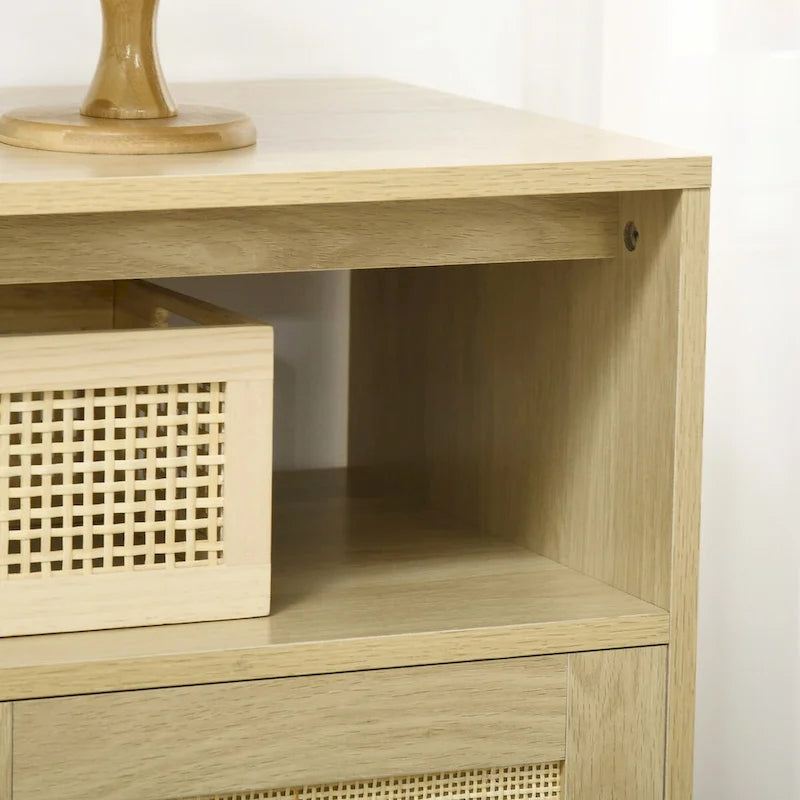 Aparador de madera natural estilo boho con puertas de ratán, 1 unidad