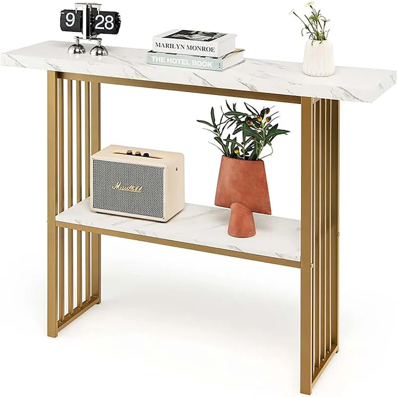 Mesa Consola Estrecha de 2 Niveles Blanca y Dorada, Capacidad para 2 Personas