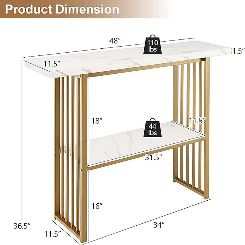Mesa Consola Estrecha de 2 Niveles Blanca y Dorada, Capacidad para 2 Personas