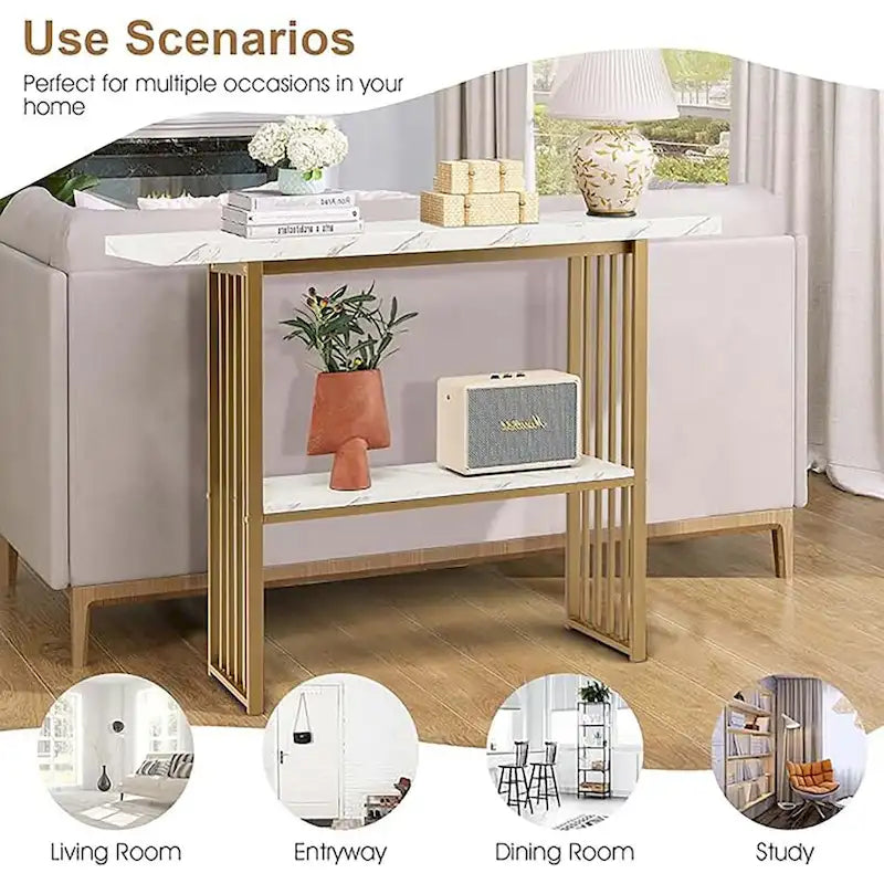 Mesa Consola Estrecha de 2 Niveles Blanca y Dorada, Capacidad para 2 Personas
