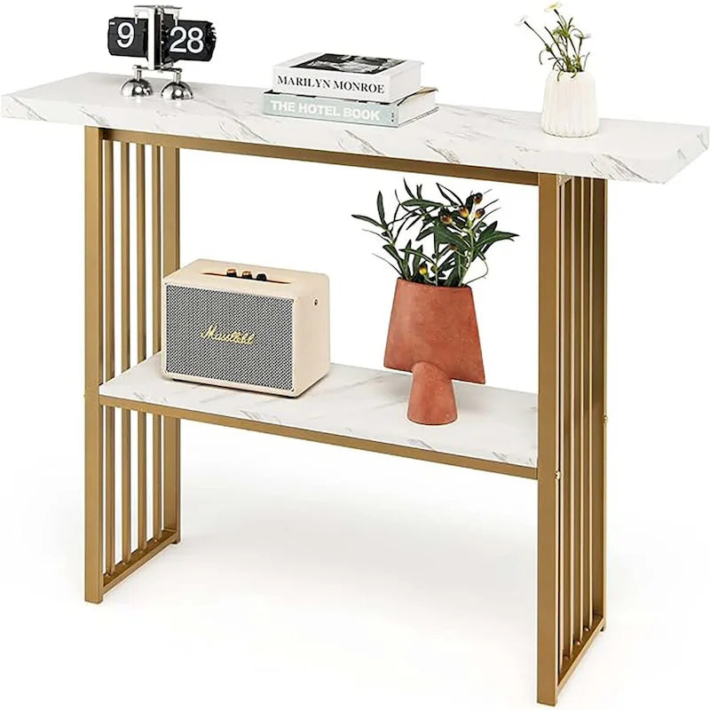 Mesa Consola Estrecha de 2 Niveles Blanca y Dorada, Capacidad para 2 Personas